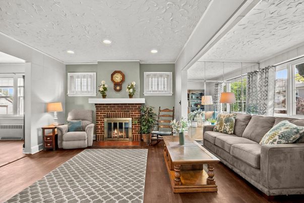 Fireplace, Interior, Living room, Recessed Lighting, Wood Texture Flooring