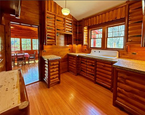 Dining room, Interior, Pendant Lights, Wood Texture Flooring, Wooden Walls