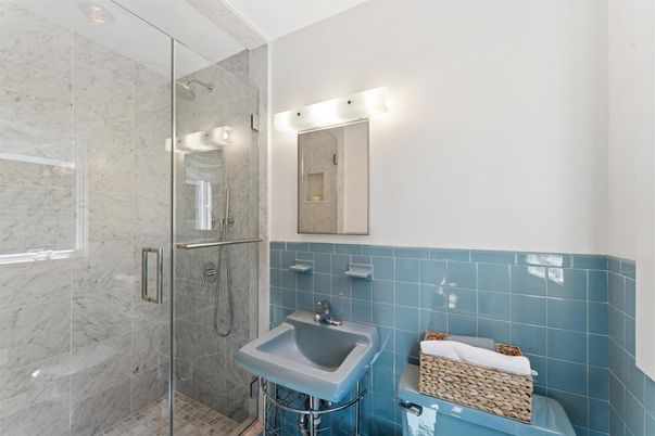 Bathroom, Glass Shower, Interior, Marble Walls, Recessed Lighting
