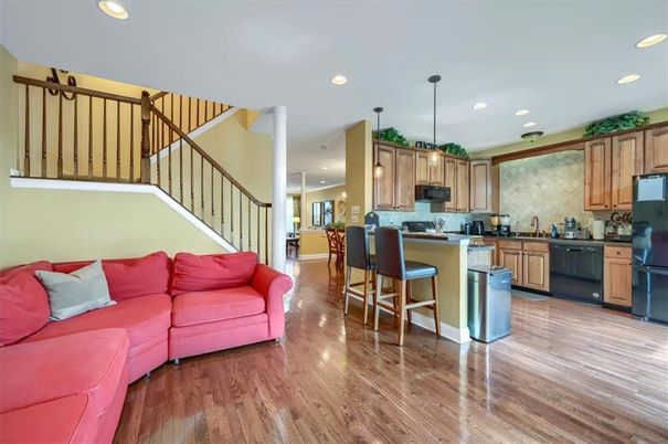 Interior, Kitchen, Living room, Pendant Lights, Recessed Lighting, Stainless Steel Appliances, Wood Texture Flooring