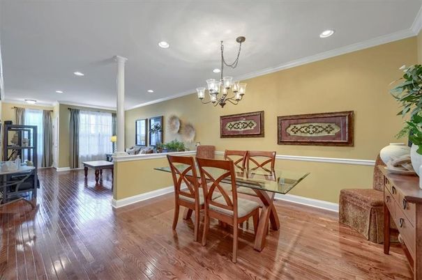 Chandelier, Dining room, Interior, Living room, Recessed Lighting, Wood Texture Flooring