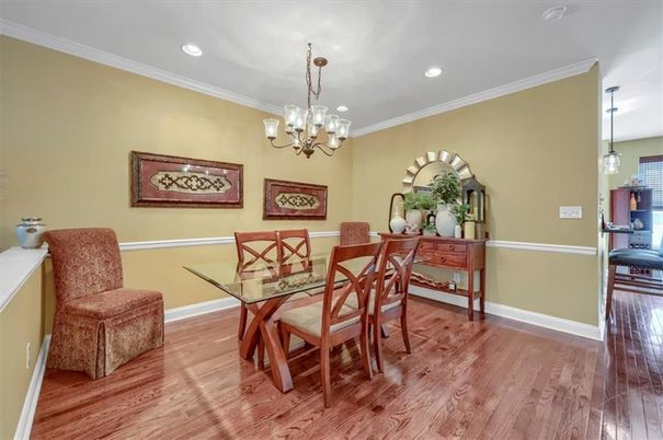 Chandelier, Dining room, Interior, Pendant Lights, Recessed Lighting, Wood Texture Flooring
