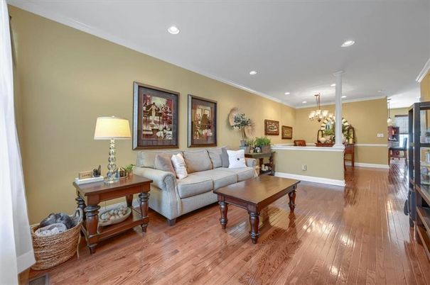 Chandelier, Interior, Living room, Recessed Lighting, Wood Texture Flooring