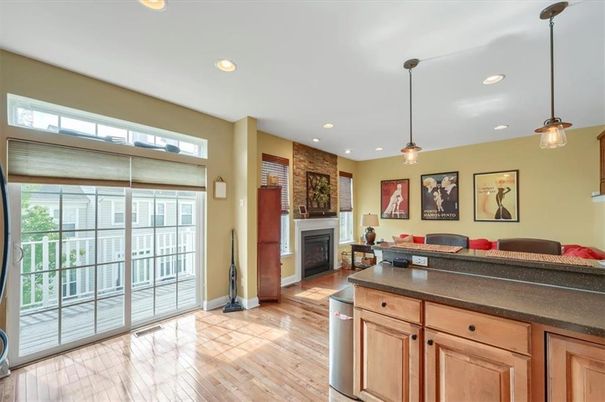 Fireplace, Interior, Pendant Lights, Recessed Lighting, Wood Texture Flooring