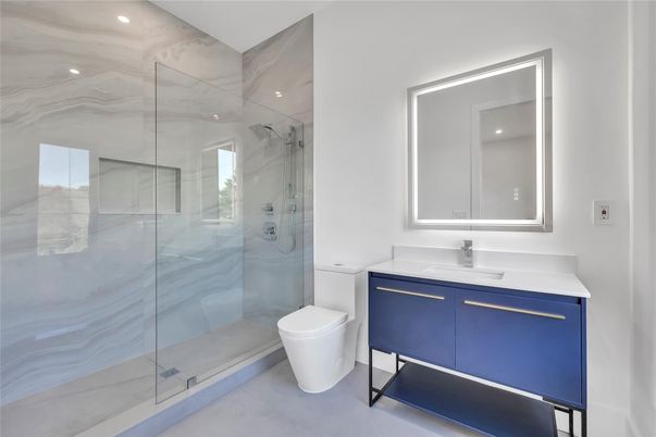 Bathroom, Glass Shower, Interior, Marble Walls, Recessed Lighting