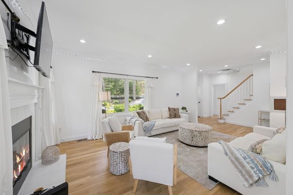 Fireplace, Interior, Living room, Recessed Lighting, Wood Texture Flooring