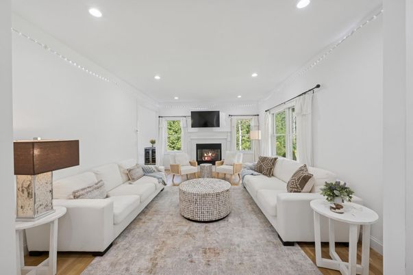 Fireplace, Interior, Living room, Recessed Lighting, Wood Texture Flooring