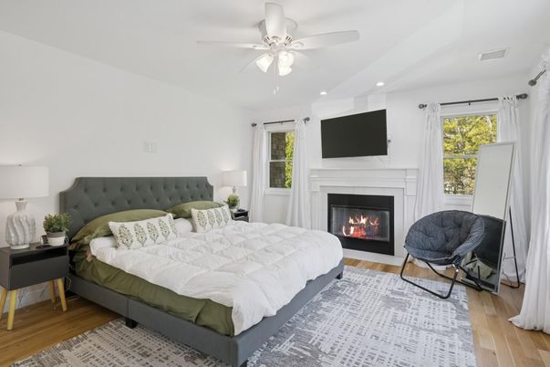 Bedroom, Fireplace, Interior, Recessed Lighting, Wood Texture Flooring