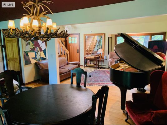 Chandelier, Dining room, Interior, Living room, Piano, Wood Texture Flooring