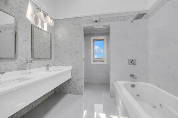 Bathroom, Dual Sink Vanities, Glass Shower, Interior, Marble Walls