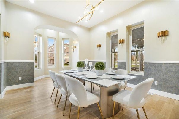 Dining room, Interior, Pendant Lights, Recessed Lighting, Wood Texture Flooring