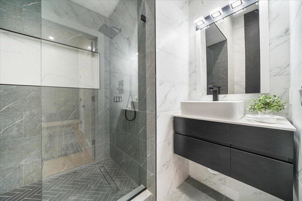 Bathroom, Dual Sink Vanities, Glass Shower, Interior, Marble Walls