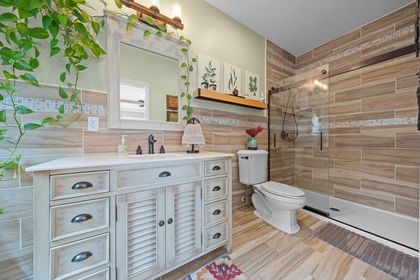 Bathroom, Glass Shower, Interior, Wood Texture Flooring