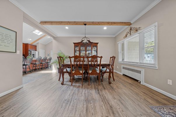 Dining room, Interior, Pendant Lights, Recessed Lighting, Wooden Beams, Wood Texture Flooring
