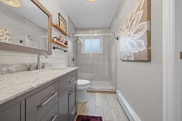Bathroom, Glass Shower, Interior, Wood Texture Flooring