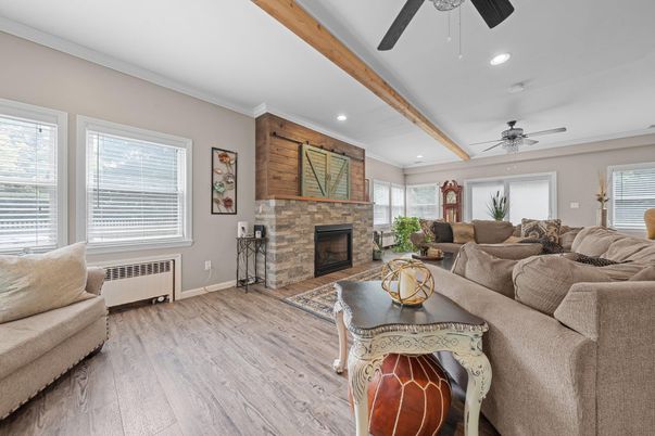 Fireplace, Interior, Living room, Recessed Lighting, Wooden Beams, Wood Texture Flooring