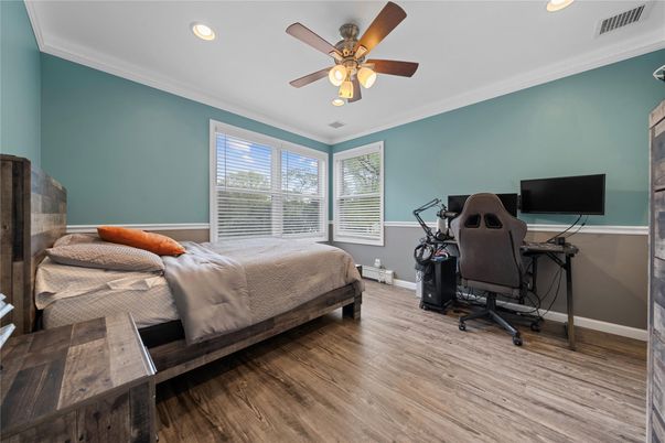 Bedroom, Home Office, Interior, Recessed Lighting, Wood Texture Flooring