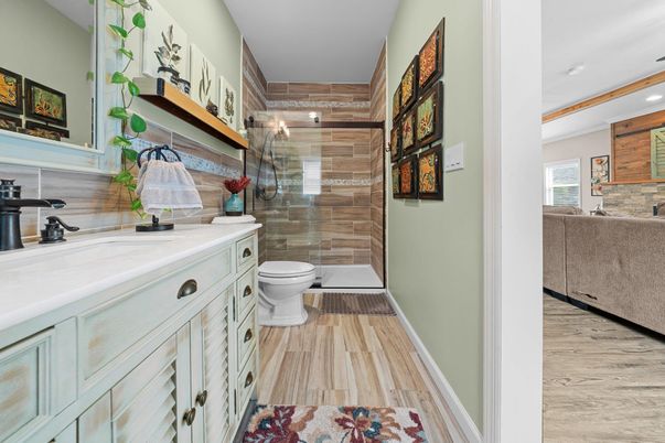Bathroom, Glass Shower, Interior, Recessed Lighting, Wood Texture Flooring