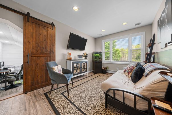 Bedroom, Home Office, Interior, Recessed Lighting, Wood Texture Flooring
