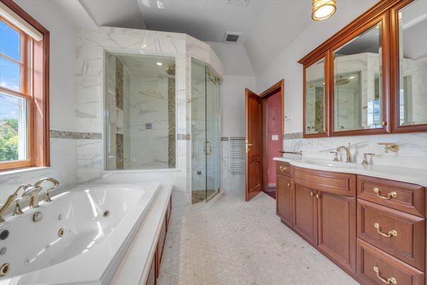 Bathroom, Dual Sink Vanities, Glass Shower, Interior, Marble Walls