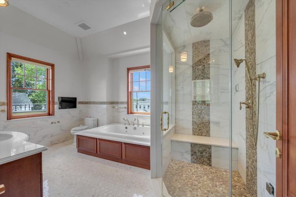 Bathroom, Glass Shower, Interior, Marble Walls, Recessed Lighting