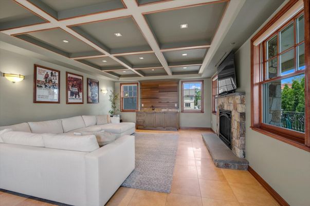 Fireplace, Interior, Living room, Recessed Lighting, Wooden Walls