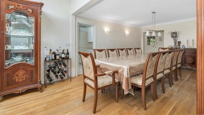 Dining room, Interior, Pendant Lights, Wood Texture Flooring