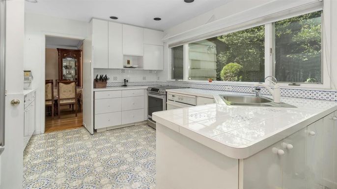 Interior, Kitchen, Recessed Lighting, Tile Countertops, Wood Texture Flooring