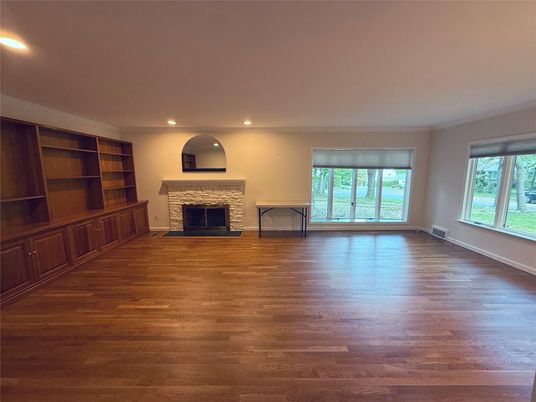 Empty room, Fireplace, Interior, Recessed Lighting, Wood Texture Flooring