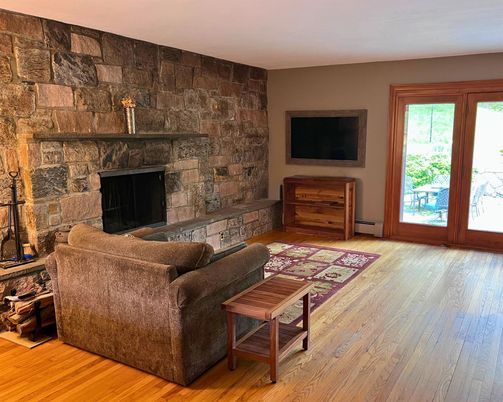 Fireplace, Interior, Living room, Stone Walls, Wood Texture Flooring