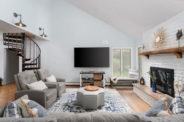 Fireplace, Interior, Living room, Stone Walls, Wood Texture Flooring