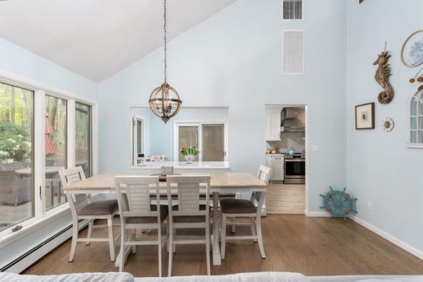 Chandelier, Dining room, Interior, Pendant Lights, Wood Texture Flooring
