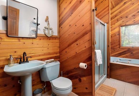 Bathroom, Glass Shower, Interior, Wooden Walls