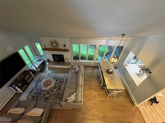 Dining room, Fireplace, Interior, Living room, Pendant Lights, Wood Texture Flooring