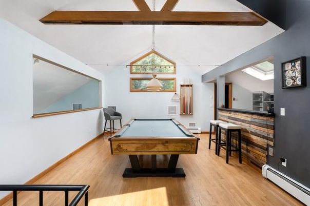 Billiard Table, Game Room, Interior, Pendant Lights, Wooden Beams, Wood Texture Flooring
