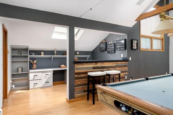 Billiard Table, Game Room, Interior, Pendant Lights, Wood Texture Flooring