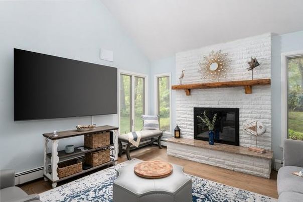 Fireplace, Interior, Living room, Stone Walls, Wood Texture Flooring