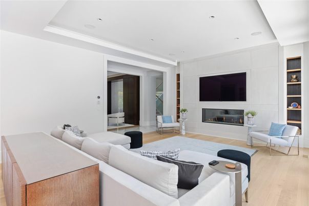 Fireplace, Interior, Living room, Recessed Lighting, Wood Texture Flooring