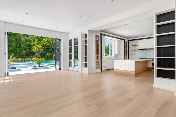 Interior, Kitchen, Marble Walls, Recessed Lighting, Wood Texture Flooring