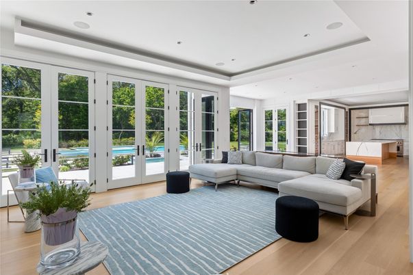 Interior, Kitchen, Living room, Marble Walls, Recessed Lighting, Wood Texture Flooring