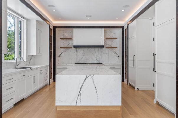 Interior, Kitchen, Marble Walls, Recessed Lighting, Wood Texture Flooring