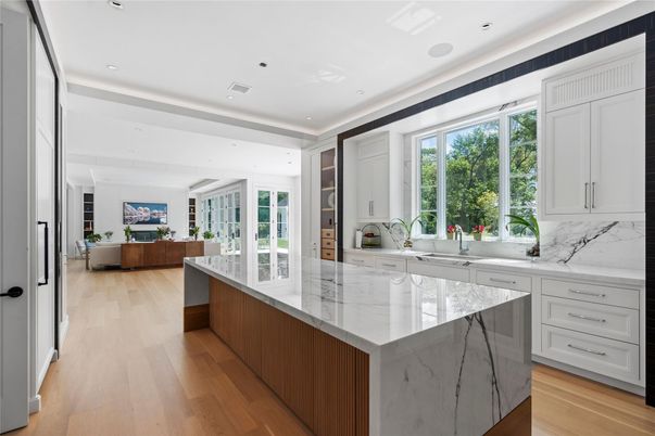 Interior, Kitchen, Marble Walls, Recessed Lighting, Wood Texture Flooring
