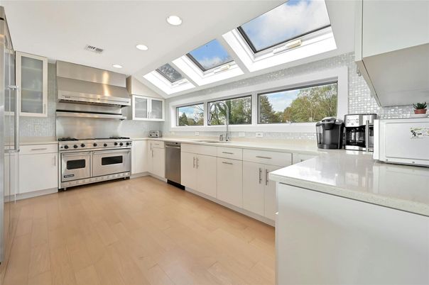 Glass Ceilings, Interior, Kitchen, Recessed Lighting, Stainless Steel Appliances, Wood Texture Flooring