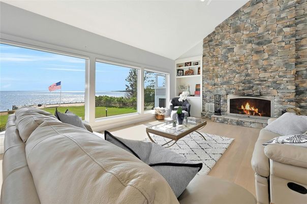 Fireplace, Interior, Living room, Stone Walls, Water, Wood Texture Flooring