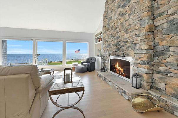 Fireplace, Interior, Living room, Stone Walls, Water, Wood Texture Flooring