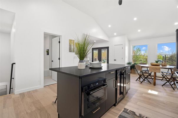 Dining room, Interior, Kitchen, Recessed Lighting, Wood Texture Flooring