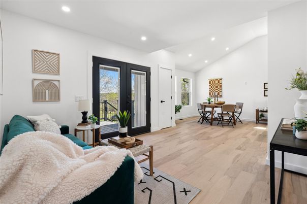 Dining room, Interior, Living room, Recessed Lighting, Wood Texture Flooring
