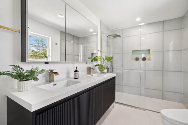 Bathroom, Dual Sink Vanities, Glass Shower, Interior, Recessed Lighting