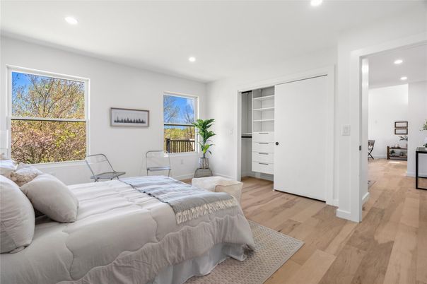 Bedroom, Interior, Recessed Lighting, Wood Texture Flooring