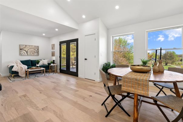 Dining room, Interior, Recessed Lighting, Wood Texture Flooring